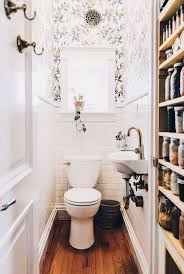 Dream House Home Design Wood Floor Bathroom Half Bath White Tile Wallpaper Brass Interior Design Powder Room Small Tiny Bathrooms Bathroom Color