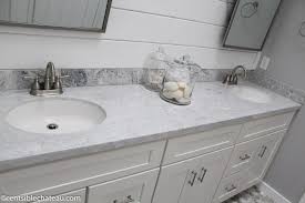 Dual sink vanities are particularly popular for master bedroom we love the trough sink variation, which turns most of your front counterspace into a long sink. How To Order A Lowe S Custom Vanity Top On A Budget Centsible Chateau