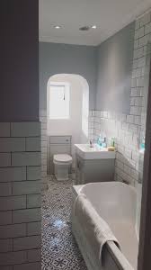 Nearly Finished Bathroom White Metro Tiles With Vintage Style Tile Floor Berkeley Slate Blue Patterned Bathroom Tiles Trendy Bathroom Tiles Amazing Bathrooms