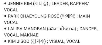 Blackpink Members And Positions Jenniekim Rose Lalisa Lisa Jisoo Yg Blackpink Blackpink Members Blackpink Positivity