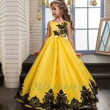 Birthday Dresses For Teens 2017 New Princess Satin Lace Applique Yellow Flower Girl Dresses Girls Party Prom Dress Childr Gowns For Girls Kids Pageant Dresses Wedding Flower Girl Dresses