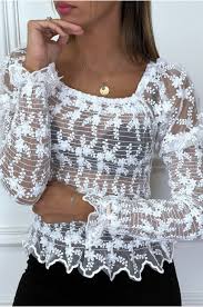 Maybe you would like to learn more about one of these? Haut Blanc En Dentelle Avec Epaules Bouffante Et Elastique Haut Pour Femme