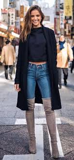 How To Wear A Black Coat Sweater Jeans Over The Knee Boots Women Sfashion Fashion Clothes Women Fashion Casual Outfits