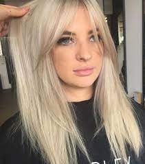 Blonde Platinum Silver Hair Color And Curtain Bangs Hairstyles Blonde Hair With Bangs Hair Styles Long Hair Styles