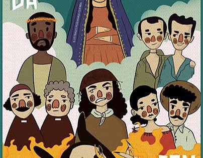 Uma ilustração colorida e em estilo lúdico reúne diversos personagens da obra "O Auto da Compadecida" sobre um fundo esverdeado e rodeados por nuvens e chamas.
Na parte superior central, em destaque dentro de uma nuvem, está a figura de Nossa Senhora da Compadecida com manto azul e vestido alaranjado, com as mãos postas. À sua esquerda, um homem negro de túnica verde e aureola representa Jesus Cristo. À sua direita, aparecem os personagens João Grilo e Chicó abraçados.