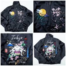 Pacha Ibiza Vintage Japanese Japan Sumo Yokozuna Wrestler Wrestling Mt Fuji Fujisan Sakura Flowers Floral Tattoo Art Embroidery Embroidered Bomber Sukajan Souve Japanese Embroidery Souvenir Jacket Vintage Japanese