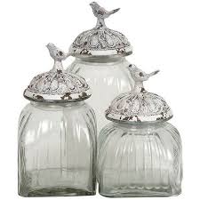 Large decorative glass jars with lids. Set Of Three Glass Jars With Antiqued Lids And Bird Finials Product Small Medium And Large Jar Construction Decorative Glass Jars Decorated Jars Glass Jars