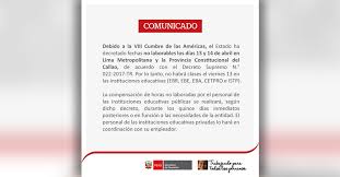 He instruido la suspensión de clases en todos los niveles educativos de escuelas públicas y privadas de yucatán, escribió. Comunicado Minedu Suspension De Clases Escolares El Viernes 13 De Abril Por Viii Cumbre De Las Americas Www Minedu Gob Pe Educacionenred Pe