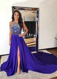 A Line Halter Backless Court Train Purple Prom Dress With Beading Split Backless Prom Dresses Purple Prom Dress Prom Dresses