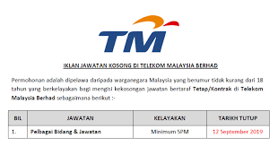 Pengarah urusan dan ketua pegawai eksekutif telekom malaysia (tm), datuk seri mohammed shazalli ramly, meletak jawatan berkuat kuasa 6 jun 2018. Jawatan Kosong Di Telekom Malaysia Berhad Kelayakan Spm Jawatan Kosong Kerajaan Swasta Terkini Malaysia 2021 2022