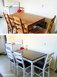 Dining room furniture white table & 4 grey upholstered side chairs metal legs. Ikea Hack Farmhouse Table