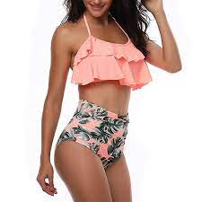 Miakta Kids Girls And Women Mom High Waist Two Pieces Bikini Swimsuit Set Ruffle Cute Swimwear Pink 1 Mom Bathing Suits Swimsuits High Waisted Bikini Swimsuits