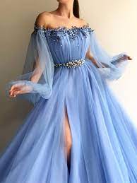 Custom Made Round Neck Baby Blue Tulle Long Sleeves Prom Dresses Blue Long Sleeves Formal Dresses In 2021 Trendy Prom Dresses Gowns Dresses A Line Prom Dresses