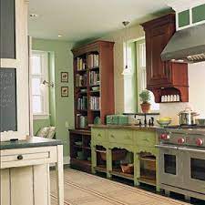 Green walls and cabinets, a colorful painted ceiling, bright chairs. Eclectic Kitchen Kitchen Tile Backsplashes Kitchen Bookshelf Eclectic Kitchen Unfitted Kitchen