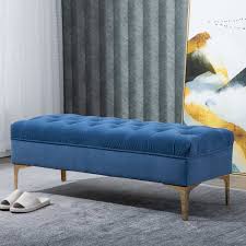 Homcom Sitzbank Bettbank Schuhbank Mit Erhohten Beine Schlafzimmer Samt Blau 118 X 45 X 42 Cm