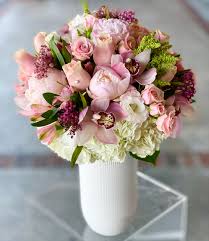 Bridal bouquet,blush pink and pale blue classic wedding bouquet, rustic boho flower bouquet, design in rose peony and hydrangea. Perfect Pastels Blush Pink Flowers In Torrance Ca Andes Florist