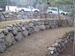 Boulder Retaining Wall Design Like The Use Of Large And Smaller Boulders Landscaping Retaining Walls Boulder Retaining Wall Rock Retaining Wall