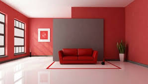 Rotes Sofa Vor Grauer Wand In Rotem Raum Living Room Wall Color Room Wall Colors Living Room Color Schemes