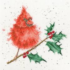 The saying is birds of a feather, flock tog. Xhd67 Festive Feathers Cardinal Bird Cross Stitch By Bothy Threads For Wrendale Designs