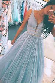 A Line V Neck Floor Length Light Blue Prom Dress With Sequins Beading Light Blue Prom Dress Sparkly Prom Dresses Prom Dresses Modest