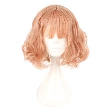Strawberry Blonde Short Wavy Lob W Bangs Cosplay Wig Short Curly Wigs Harajuku Wigs Air Bangs