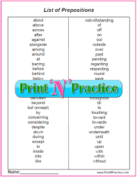 list of prepositions and preposition worksheets