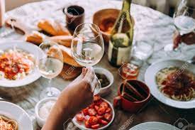 With a variety of pasta, sauces, and toppings, everyone can build their bowl to their heart's content. Glasses Of White Wine Seen During A Friendly Party Or Pasta Dinner Stock Photo Picture And Royalty Free Image Image 109931603