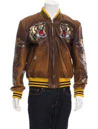 From The Fall 2017 Collection Men S Tan And Multicolor Gucci Leather Bomber Jacket With Rib Knit Trim Throughout Bomber Jacket Jackets Leather Bomber Jacket