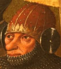 I would love some reenactor to replicate this leatherclad helmet...we see  them quite often in altar paintings. Some say these are only meant to  represent "older".."biblical" armour..but I am not so sure.