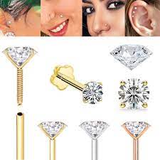 Diamond 18g Threaded Flat Back Stud Cartilage Lip Nose Labret Nose Stud Silver Ear Jacket
