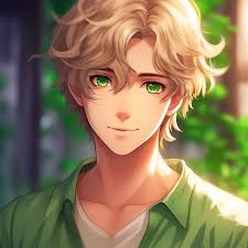 Anime guy, green eyes, green shirt, …" — image created in Shedevrum