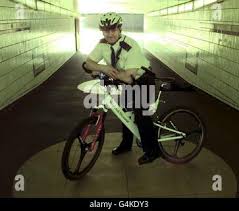 PC Steve Keown with the part carbon fibre, Smith and Wesson bike that West  Midlands Police are trialing in the centre of Coventry. the Police are  hoping for sponsorship for the crime