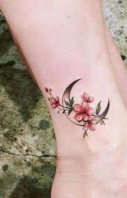 Flowers Flower Moon Cherry Blossom Ankle Tattoo Ideas For Women Www Mybodiart C Flowertattoos Flower Tattoos Tattoos For Women Flowers Ankle Tattoo Designs Ankle Tattoo Small