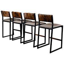 Cowhide + distressed leather seat + genuine brass nails + solid wood frame. Set Of 4 Shaker Counter Stool Chair By Ambrozia Walnut Vinyl And Cowhide For Sale At 1stdibs