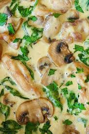 Chicken And Spinach With Creamy Parmesan Mushroom Sauce Is Your Perfect Everyday Comfort Food As Well As An Easy Midw Chicken Recipes Stuffed Mushrooms Recipes
