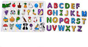 A wooden alphabet puzzle that has upper and lower case versions of each letter. See Inside Alphabet Peg W Puzz Amazon De Spielzeug