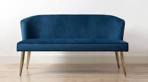 With cozy upholstery full of texture and beauty. Mellow Dark Blue Velvet And Brass 3 Seater Bench With Backrest Dining Bench With Back Bench Seating Kitchen Dining Benches