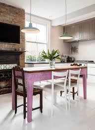 Mix Country Rustic Kitchen Idea With Shabby Purple Dining Table White Dining Chairs Dark Wood Upper Kitchen Inspiration Design Diy Kitchen Decor Kitchen Design