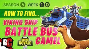 Follow the road heading west out of the desert and look for the large camel on the side of the road. Fortnite Week 10 Visit A Viking Ship A Camel And A Crashed Battle Bus Season 6 Challenge Youtube