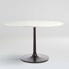 Karina mid century walnut table base for stone or marble top polished stainless and marble dining table Marble Tables Crate And Barrel