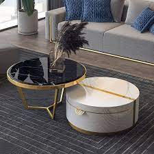 White Round Nesting Faux Marble Top Coffee Table With 1-drawer And 2 Stools Coffee Table With Stools Faux Marble Coffee Table Marble Top Coffee Table