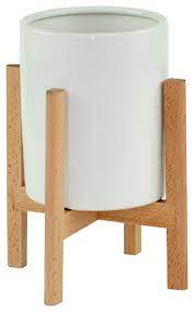 Striking and bold this custom wood planter box will create a stunning focal point in your yard, garden or courtyard. Small Ceramic Pot Cylinder Planter 6 White With Wood Plant Stand Natural Color Midcentury Outdoor Pots And Planters By Upshining Home And Garden Products 852710008773 Houzz
