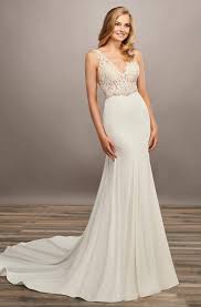 Five different styles of lace make up the intricate pattern that adorns this glamorous wedding dress. Mary S Bridal Mb2074 Lace Bodice Crepe Mermaid Wedding Gown Couture Candy