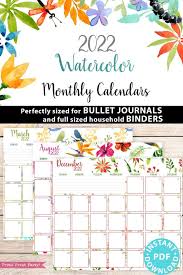 2021 2022 monthly calendar printable monthly planner template colorful watercolor designs bullet journal sunday instant download by press print party catch my party