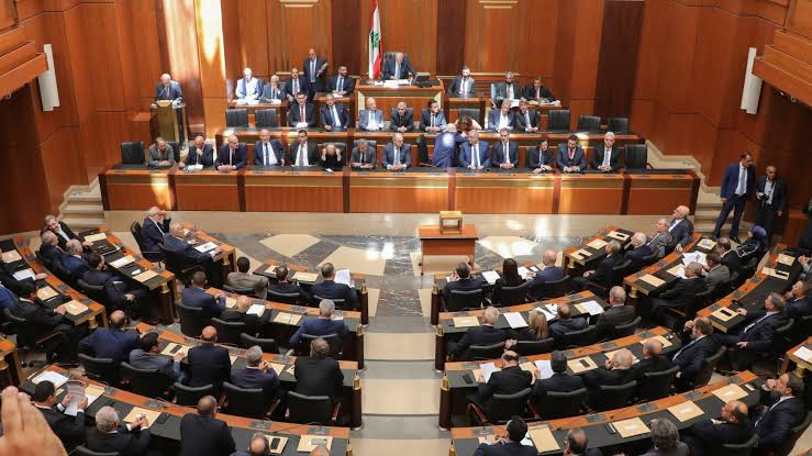 The Lebanese Parliament building in Beirut during a legislative session.