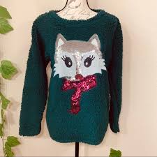 Time And Tru Sweaters Emerald Sequin Fox Sweater New Poshmark