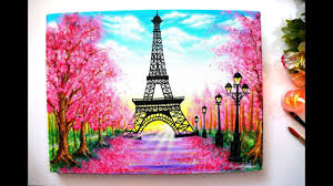 Springtime Cherry Blossom Trees And Eiffel Tower Painting Step By Step Cherry Blossom Painting Eiffel Tower Painting Easy Canvas Painting