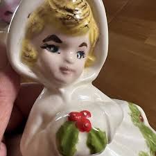 Christmas Shopper Blonde Girl Muff Holly Planter Vintage 7" Marked Stamped 