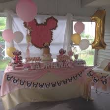 Pink And Gold Theme Minnie Mouse Dessert Table Mostly Handmade Minnie Party 1st Birthday Party Decorations Birthday Party Decorations