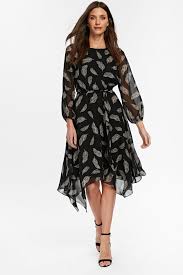 Petite Black Feather Print Fit And Flare Dress Feather Print Dress Feather Dress Black Feather Dress